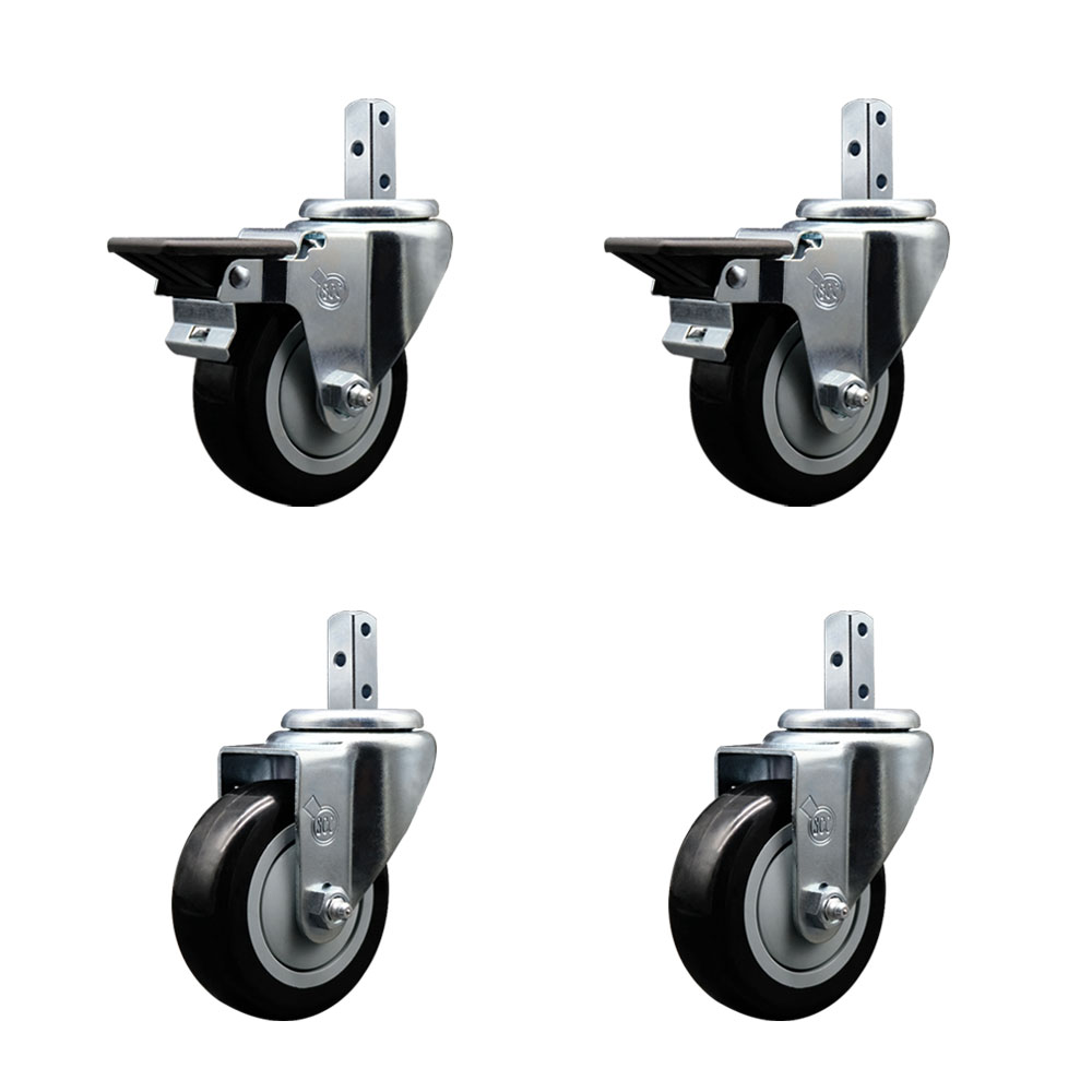 Swivel Square Stem Caster Set 4 w/3.5” x 1.25” Black Poly Wheel - 3/4” x 2” Square Stem with (3) 17/64” Diameter Mounting Holes- Includes 2 Posi Lock Brakes-1200lbs. Cpty/Caster - Service Caster Brand — photo 1