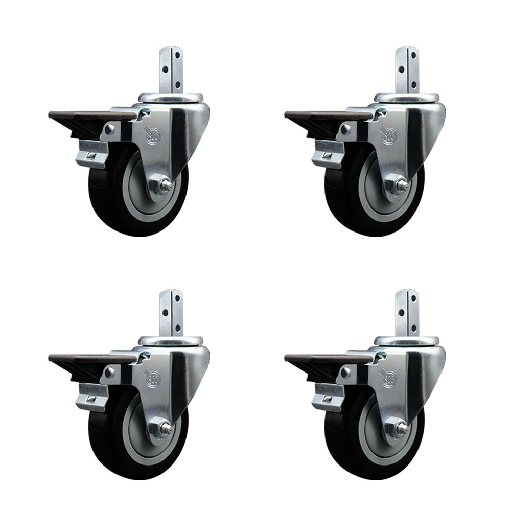 Swivel Square Stem Caster Set 4 w/3.5” x 1.25” Black Poly Wheel - 3/4” x 2” Square Stem with (3) 17/64” Diameter Mounting Holes- Includes 4 Posi Lock Brakes-1200lbs. Cpty/Caster - Service Caster Brand — photo 1