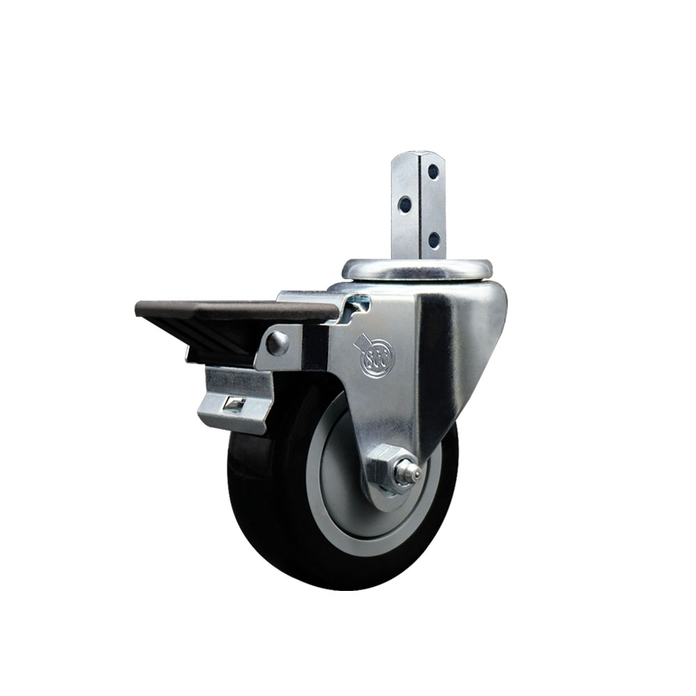 Swivel Square Stem Caster w/3.5” x 1.25” Black Polyurethane Wheel – 7/8” x 2” Square Stem with (3) 17/64” Diameter Mounting Holes & Posi Lock Brakes – 300 lbs. Capacity/Caster – Service Caster Brand — photo 1