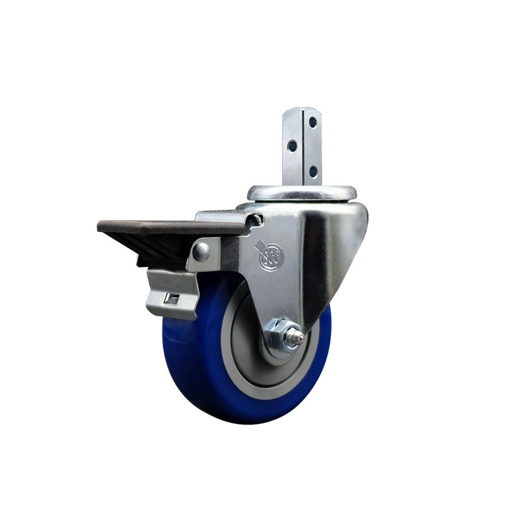 Swivel Square Stem Caster w/3.5” x 1.25” Blue Polyurethane Wheel – 3/4” x 2” Square Stem with (3) 17/64” Diameter Mounting Holes & Posi Lock Brakes – 300 lbs. Capacity/Caster – Service Caster Brand — photo 1