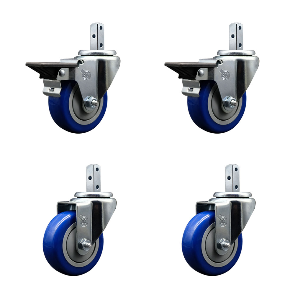 Swivel Square Stem Caster Set 4 w/3.5” x 1.25” Blue Poly Wheel - 7/8” x 2” Square Stem with (3) 17/64” Diameter Mounting Holes - Includes 2 Posi Lock Brakes-1200lbs. Cpty/Caster - Service Caster Brand — photo 1