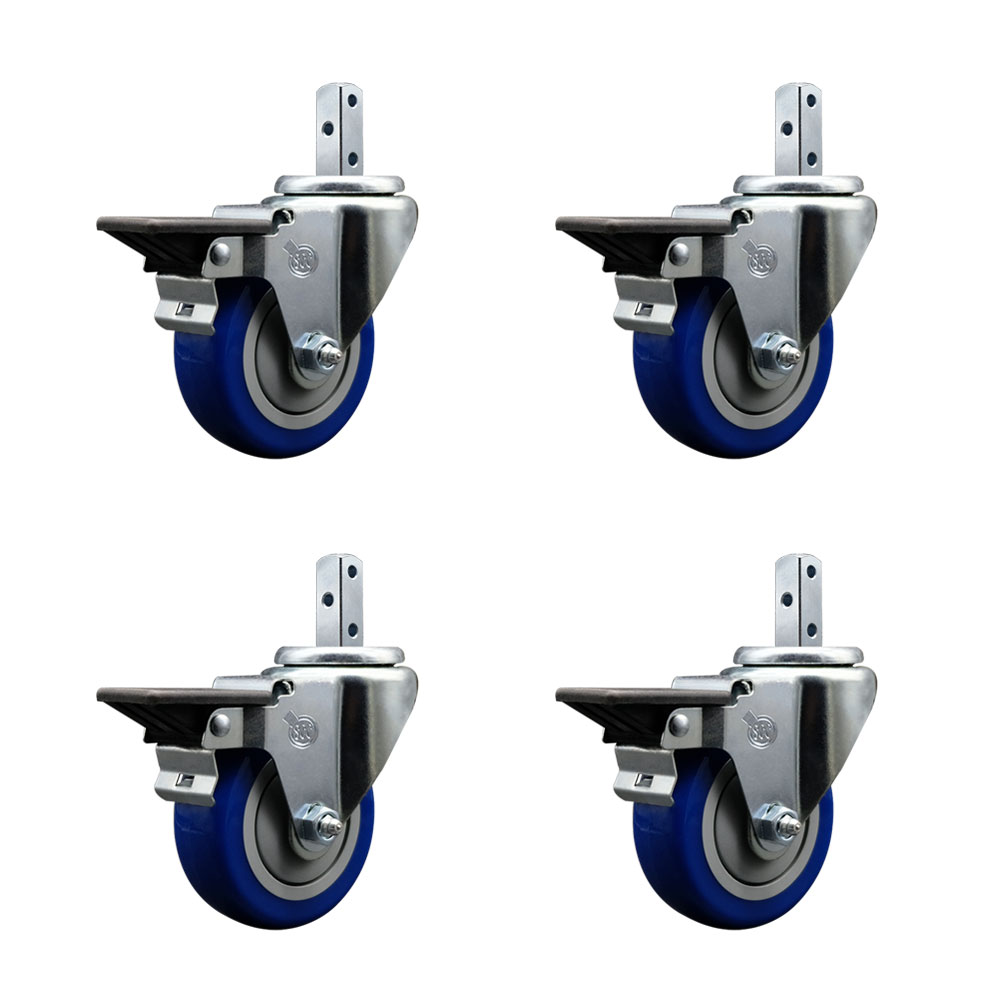 Swivel Square Stem Caster Set 4 w/3.5” x 1.25” Blue Poly Wheel - 7/8” x 2” Square Stem with (3) 17/64” Diameter Mounting Holes - Includes 4 Posi Lock Brakes-1200lbs. Cpty/Caster - Service Caster Brand — photo 1
