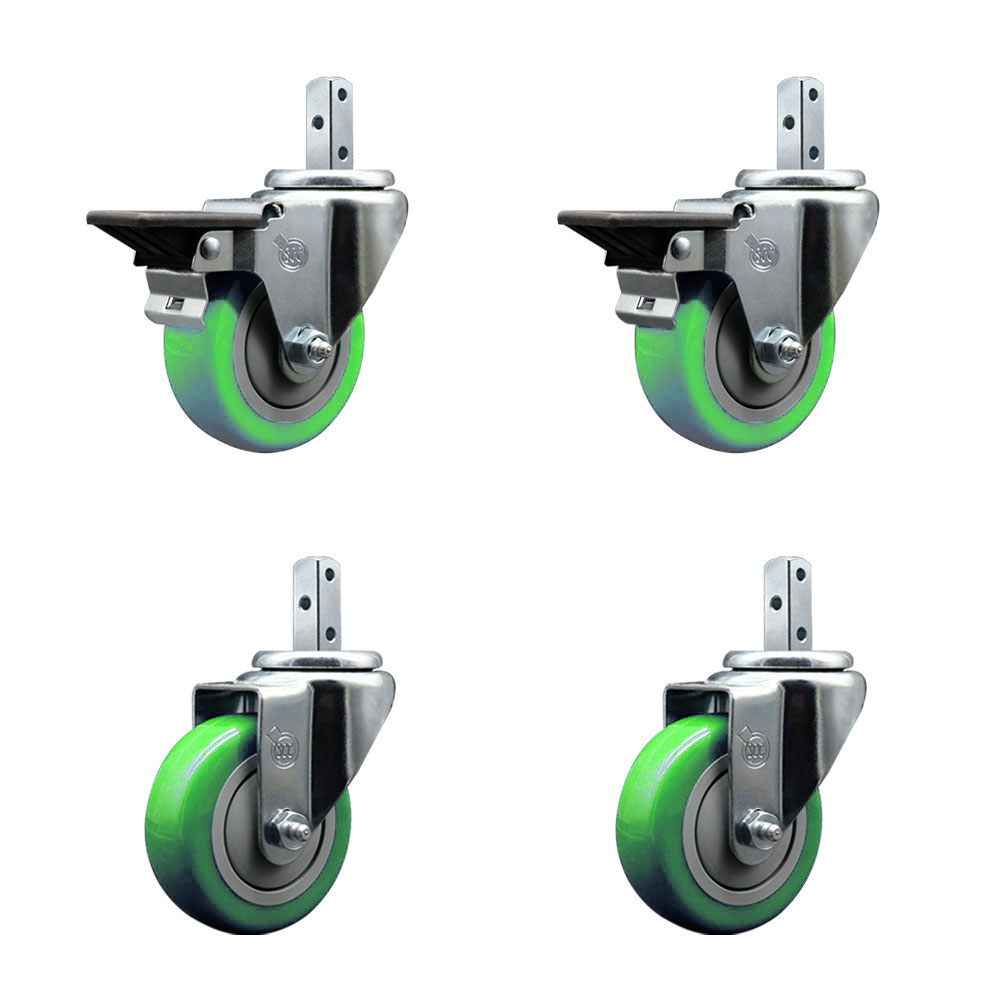 Swivel Square Stem Caster Set 4 w/3.5” x 1.25” Green Poly Wheel - 3/4” x 2” Square Stem with (3) 17/64” Diameter Mounting Holes - Includes 2 Posi Lock Brakes-1200lbs. Cpty/Caster- Service Caster Brand — photo 1