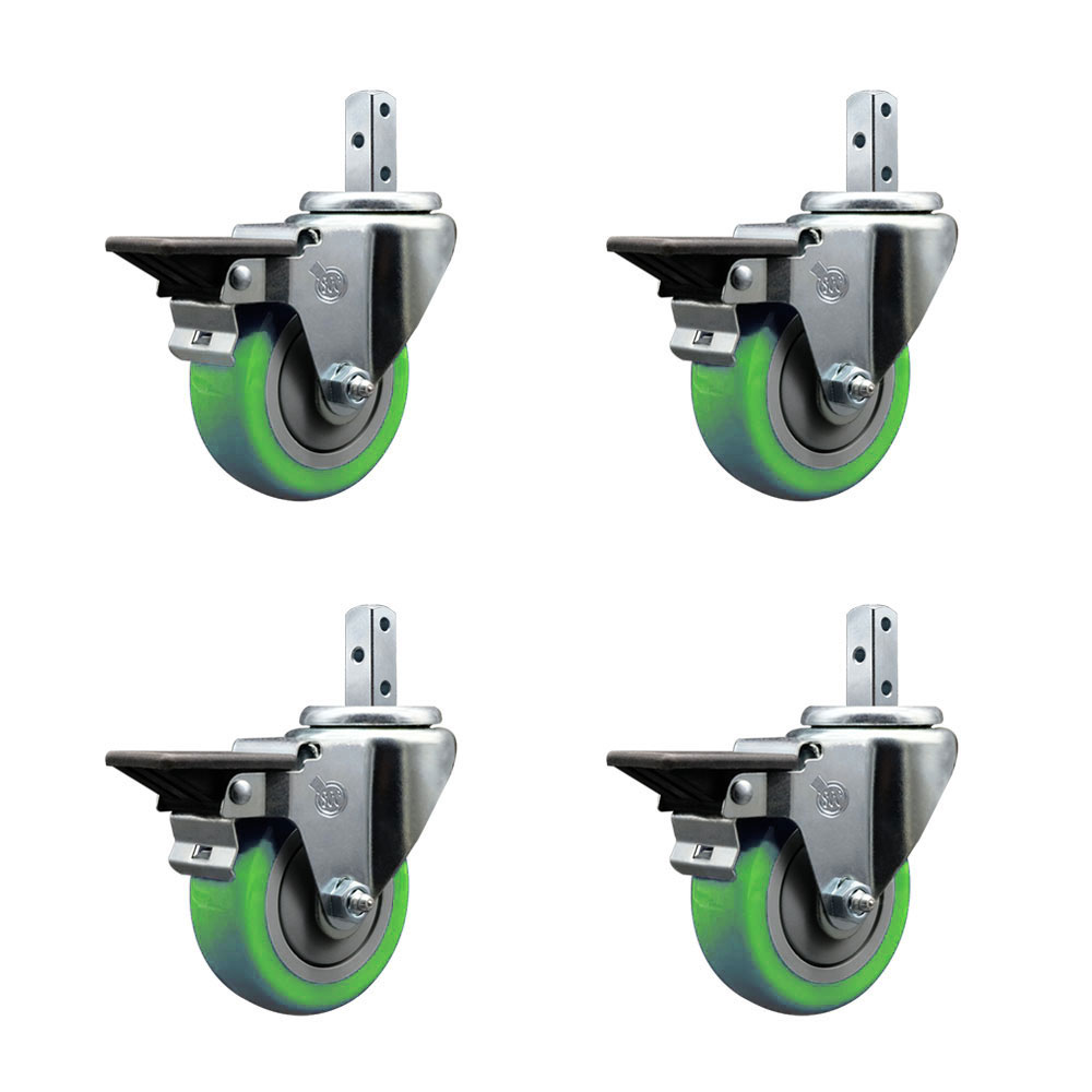 Swivel Square Stem Caster Set 4 w/3.5” x 1.25” Green Poly Wheel - 3/4” x 2” Square Stem with (3) 17/64” Diameter Mounting Holes - Includes 4 Posi Lock Brakes-1200lbs. Cpty/Caster- Service Caster Brand — photo 1