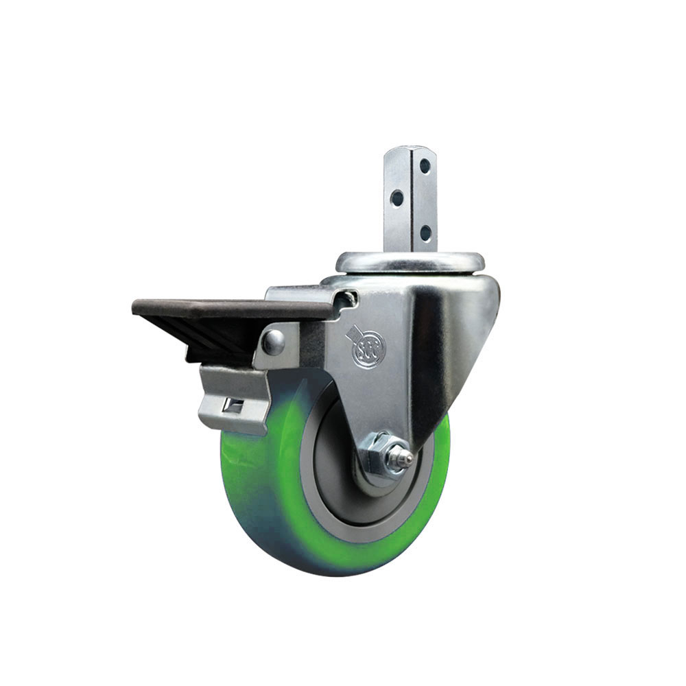 Swivel Square Stem Caster w/3.5” x 1.25” Green Polyurethane Wheel – 3/4” x 2” Square Stem with (3) 17/64” Diameter Mounting Holes & Posi Lock Brakes – 300 lbs. Capacity/Caster – Service Caster Brand — photo 1