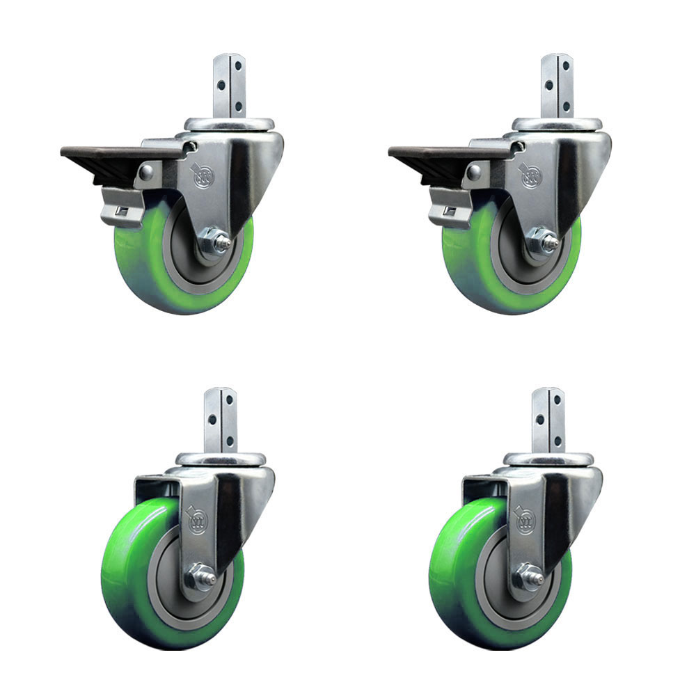 Swivel Square Stem Caster Set 4 w/3.5” x 1.25” Green Poly Wheel - 7/8” x 2” Square Stem with (3) 17/64” Diameter Mounting Holes - Includes 2 Posi Lock Brakes-1200lbs. Cpty/Caster- Service Caster Brand — photo 1