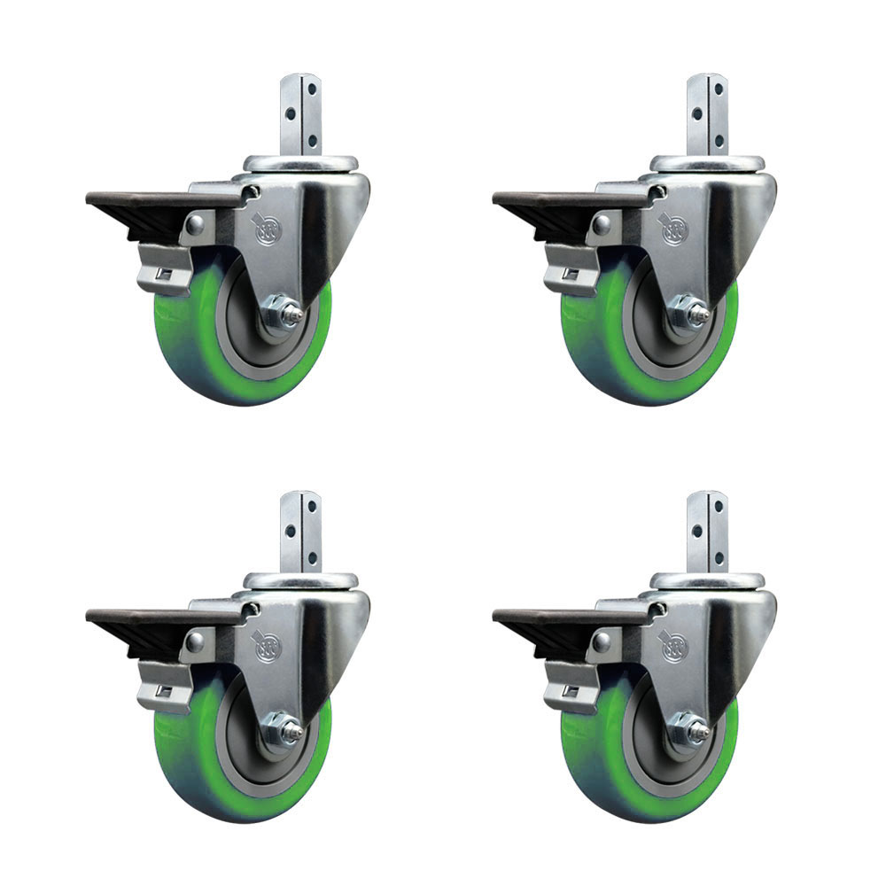 Swivel Square Stem Caster Set 4 w/3.5” x 1.25” Green Poly Wheel - 7/8” x 2” Square Stem with (3) 17/64” Diameter Mounting Holes - Includes 4 Posi Lock Brakes-1200lbs. Cpty/Caster- Service Caster Brand — photo 1