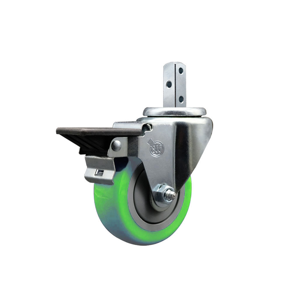 Swivel Square Stem Caster w/3.5” x 1.25” Green Polyurethane Wheel – 7/8” x 2” Square Stem with (3) 17/64” Diameter Mounting Holes & Posi Lock Brakes – 300 lbs. Capacity/Caster – Service Caster Brand — photo 1