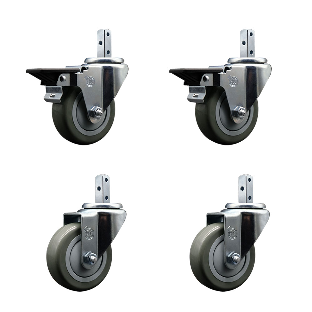 Swivel Square Stem Caster Set 4 w/3.5” x 1.25” Gray Poly Wheel - 3/4” x 2” Square Stem with (3) 17/64” Diameter Mounting Holes - Includes 2 Posi Lock Brakes-1200lbs. Cpty/Caster - Service Caster Brand — photo 1