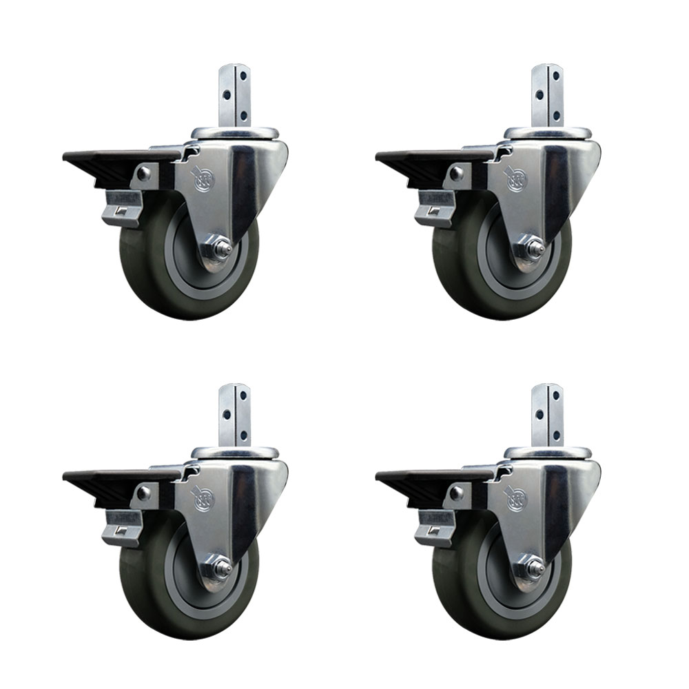 Swivel Square Stem Caster Set 4 w/3.5” x 1.25” Gray Poly Wheel - 3/4” x 2” Square Stem with (3) 17/64” Diameter Mounting Holes - Includes 4 Posi Lock Brakes-1200lbs. Cpty/Caster - Service Caster Brand — photo 1
