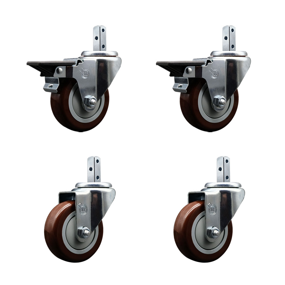 Swivel Square Stem Caster Set 4 w/3.5” x 1.25” Maroon Poly Wheel - 3/4” x 2” Square Stem with (3) 17/64” Diameter Mounting Holes-Includes 2 Posi Lock Brakes-1200lbs. Cpty/Caster - Service Caster Brand — photo 1