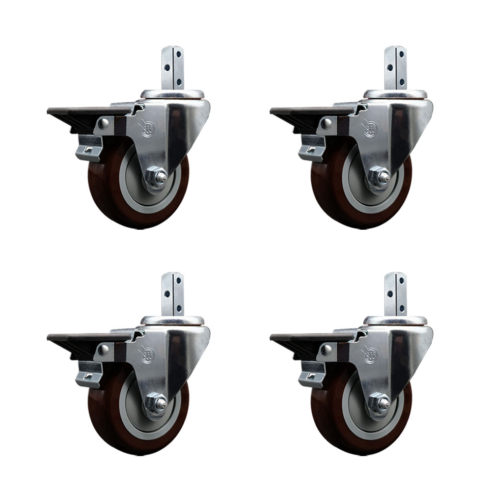 Swivel Square Stem Caster Set 4 w/3.5” x 1.25” Maroon Poly Wheel - 7/8” x 2” Square Stem with (3) 17/64” Diameter Mounting Holes-Includes 4 Posi Lock Brakes-1200lbs. Cpty/Caster - Service Caster Brand — photo 1