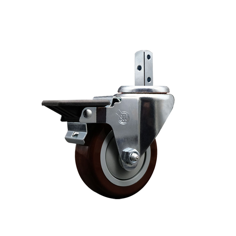 Swivel Square Stem Caster w/3.5” x 1.25” Maroon Polyurethane Wheel – 7/8” x 2” Square Stem with (3) 17/64” Diameter Mounting Holes & Posi Lock Brakes – 300 lbs. Capacity/Caster – Service Caster Brand — photo 1