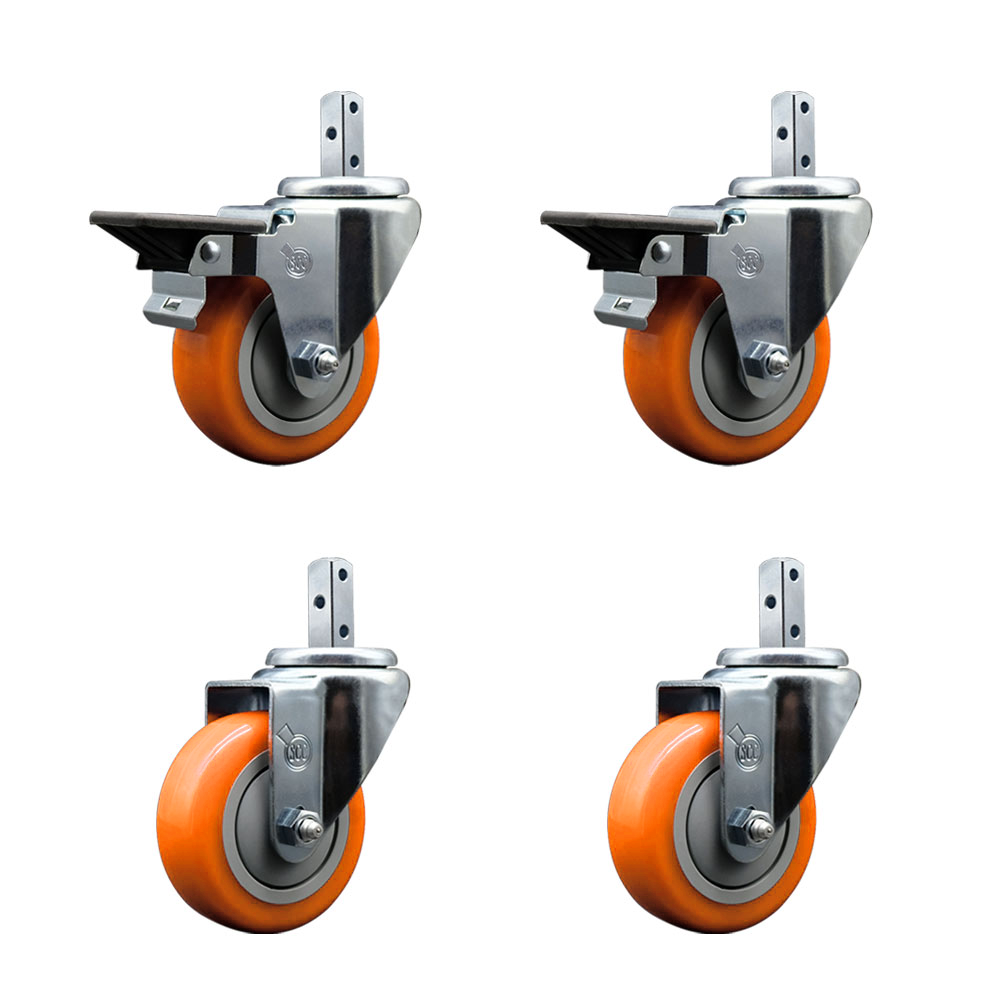 Swivel Square Stem Caster Set 4 w/3.5” x 1.25” Orange Poly Wheel - 3/4” x 2” Square Stem with (3) 17/64” Diameter Mounting Holes -Includes 2 Posi Lock Brakes-1200lbs. Cpty/Caster- Service Caster Brand — photo 1
