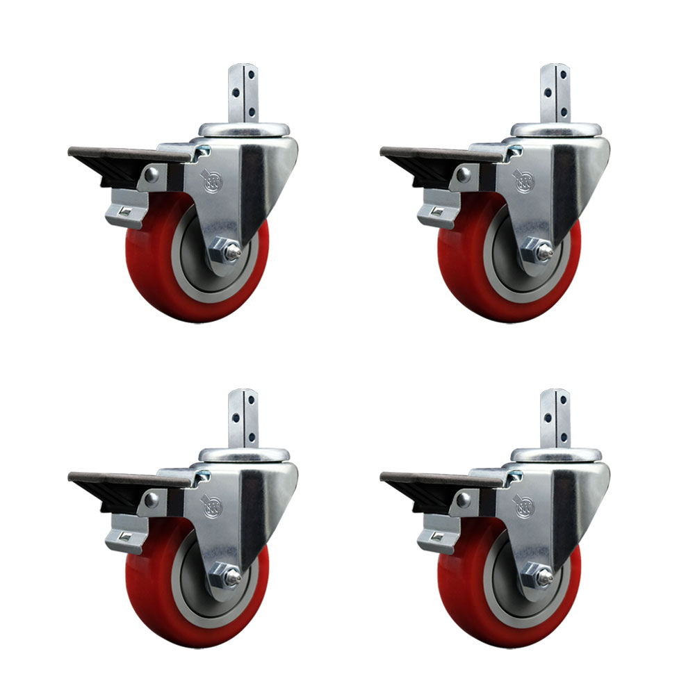 Swivel Square Stem Caster Set 4 w/3.5” x 1.25” Red Poly Wheel - 3/4” x 2” Square Stem with (3) 17/64” Diameter Mounting Holes - Includes 4 Posi Lock Brakes-1200lbs. Cpty/Caster - Service Caster Brand — photo 1