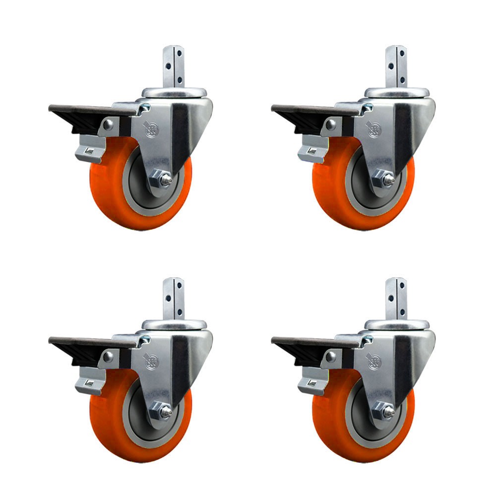 Swivel Square Stem Caster Set 4 w/3.5” x 1.25” Orange Poly Wheel - 3/4” x 2” Square Stem with (3) 17/64” Diameter Mounting Holes-Includes 4 Posi Lock Brakes-1200lbs. Cpty/Caster - Service Caster Brand — photo 1