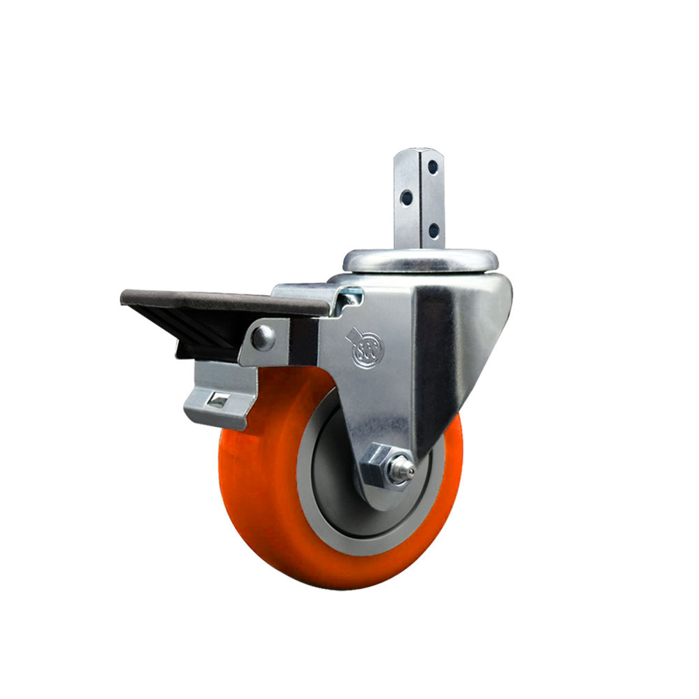 Swivel Square Stem Caster w/3.5” x 1.25” Orange Polyurethane Wheel – 3/4” x 2” Square Stem with (3) 17/64” Diameter Mounting Holes & Posi Lock Brakes – 300 lbs. Capacity/Caster – Service Caster Brand — photo 1