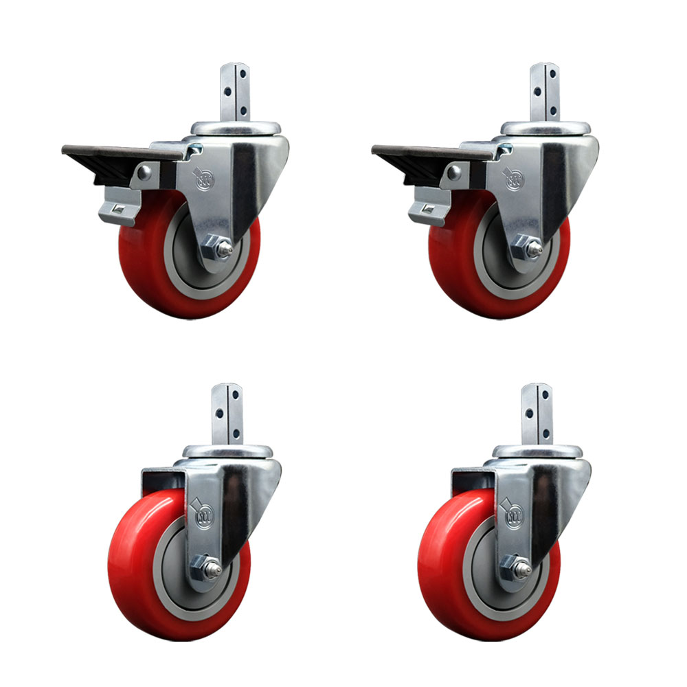 Swivel Square Stem Caster Set 4 w/3.5” x 1.25” Red Poly Wheel - 7/8” x 2” Square Stem with (3) 17/64” Diameter Mounting Holes - Includes 2 Posi Lock Brakes-1200lbs. Cpty/Caster - Service Caster Brand — photo 1