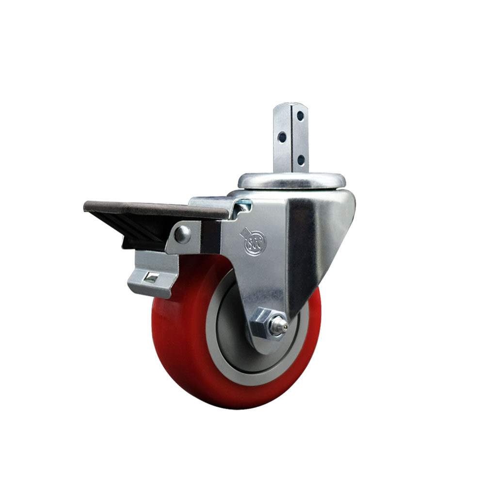 Swivel Square Stem Caster w/3.5” x 1.25” Red Polyurethane Wheel – 7/8” x 2” Square Stem with (3) 17/64” Diameter Mounting Holes & Posi Lock Brakes – 300 lbs. Capacity/Caster – Service Caster Brand — photo 1