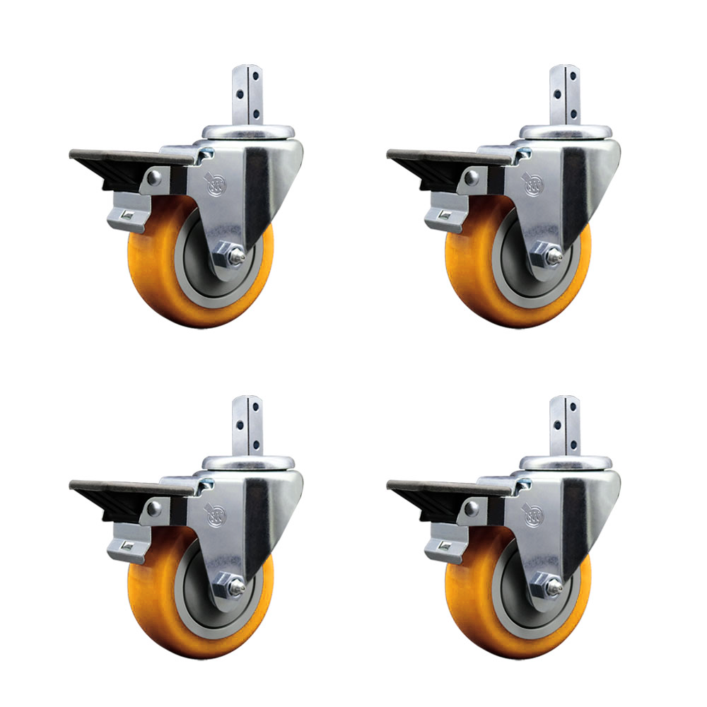 Swivel Square Stem Caster Set 4 w/3.5” x 1.25” Yellow Poly Wheel - 3/4” x 2” Square Stem with (3) 17/64” Diameter Mounting Holes-Includes 4 Posi Lock Brakes-1200lbs. Cpty/Caster - Service Caster Brand — photo 1