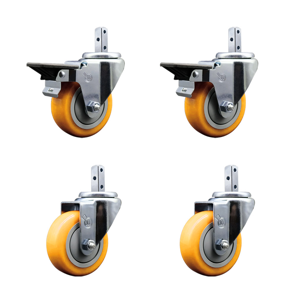 Swivel Square Stem Caster Set 4 w/3.5” x 1.25” Yellow Poly Wheel - 7/8” x 2” Square Stem with (3) 17/64” Diameter Mounting Holes-Includes 2 Posi Lock Brakes-1200lbs. Cpty/Caster - Service Caster Brand — photo 1