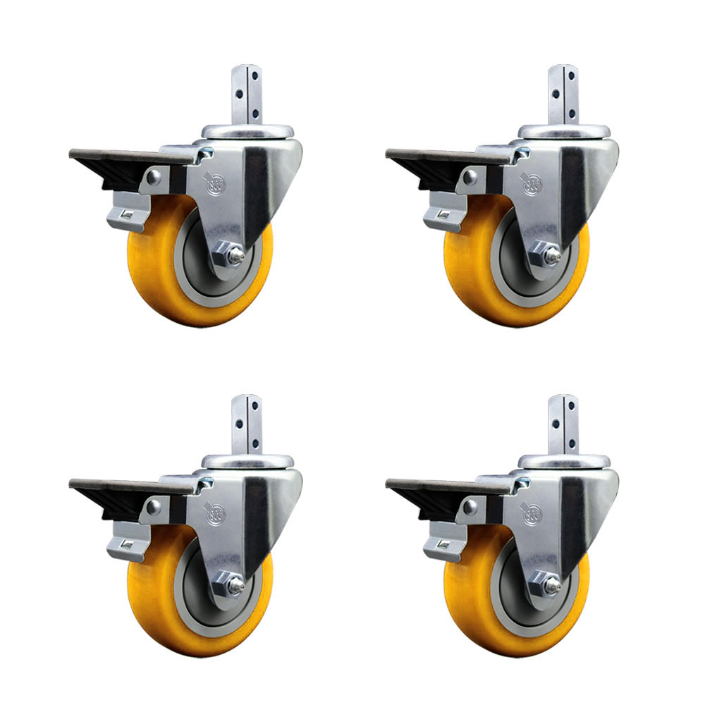 Swivel Square Stem Caster Set 4 w/3.5” x 1.25” Yellow Poly Wheel - 7/8” x 2” Square Stem with (3) 17/64” Diameter Mounting Holes-Includes 4 Posi Lock Brakes-1200lbs. Cpty/Caster - Service Caster Brand — photo 1
