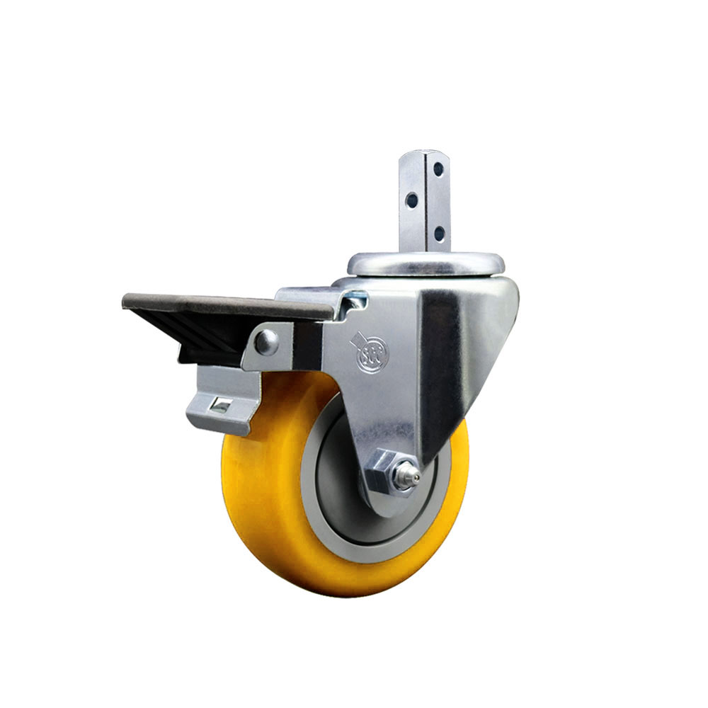 Swivel Square Stem Caster w/3.5” x 1.25” Yellow Polyurethane Wheel – 7/8” x 2” Square Stem with (3) 17/64” Diameter Mounting Holes & Posi Lock Brakes – 300 lbs. Capacity/Caster – Service Caster Brand — photo 1