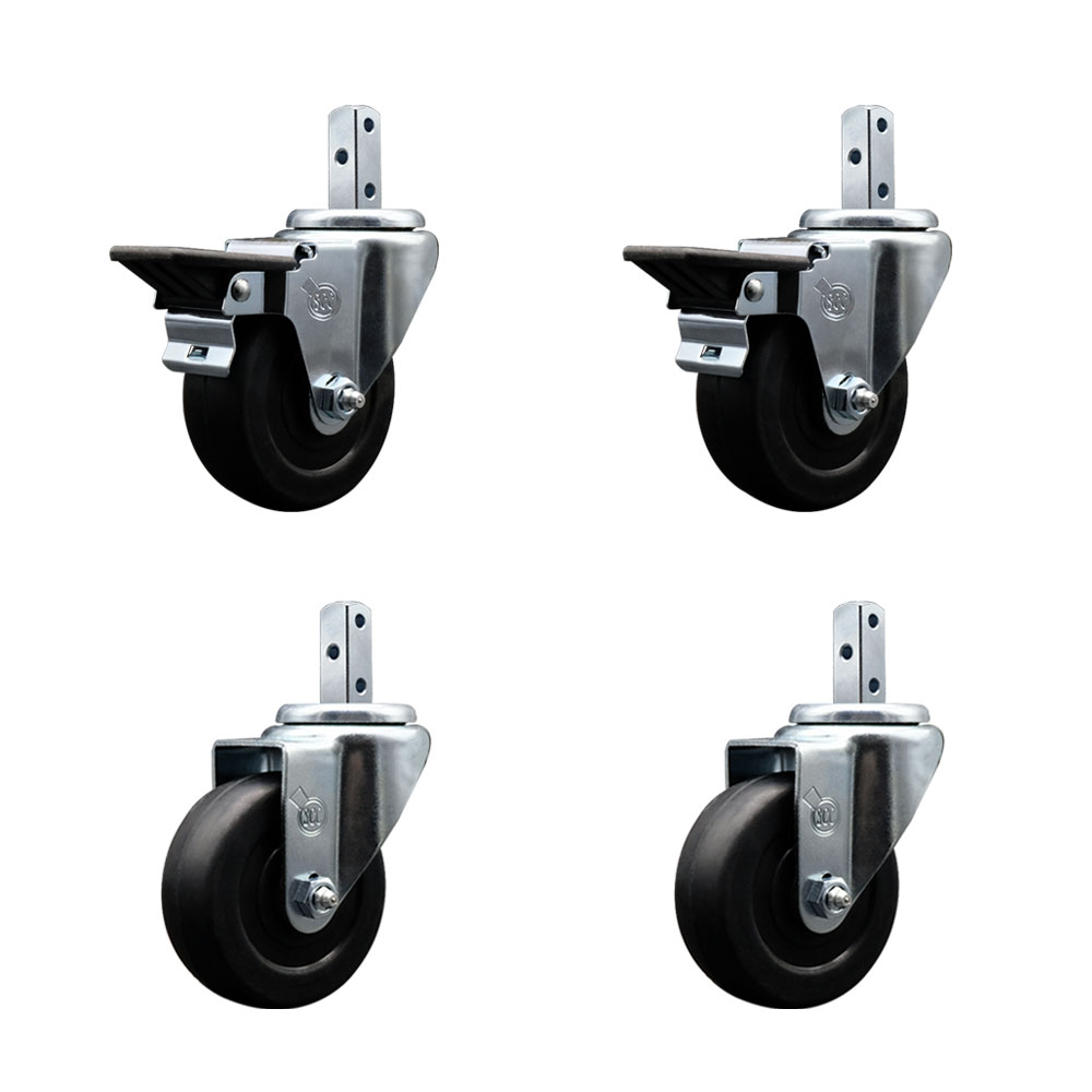 Swivel Square Stem Caster Set 4 w/3.5” x 1.25” Black Soft Rubber Wheel-3/4” x 2” Square Stem with (3) 17/64” Diameter Mounting Holes-Include 2 Posi Lock Brakes-800lbs. Cpty/Caster-Service Caster Brand — photo 1