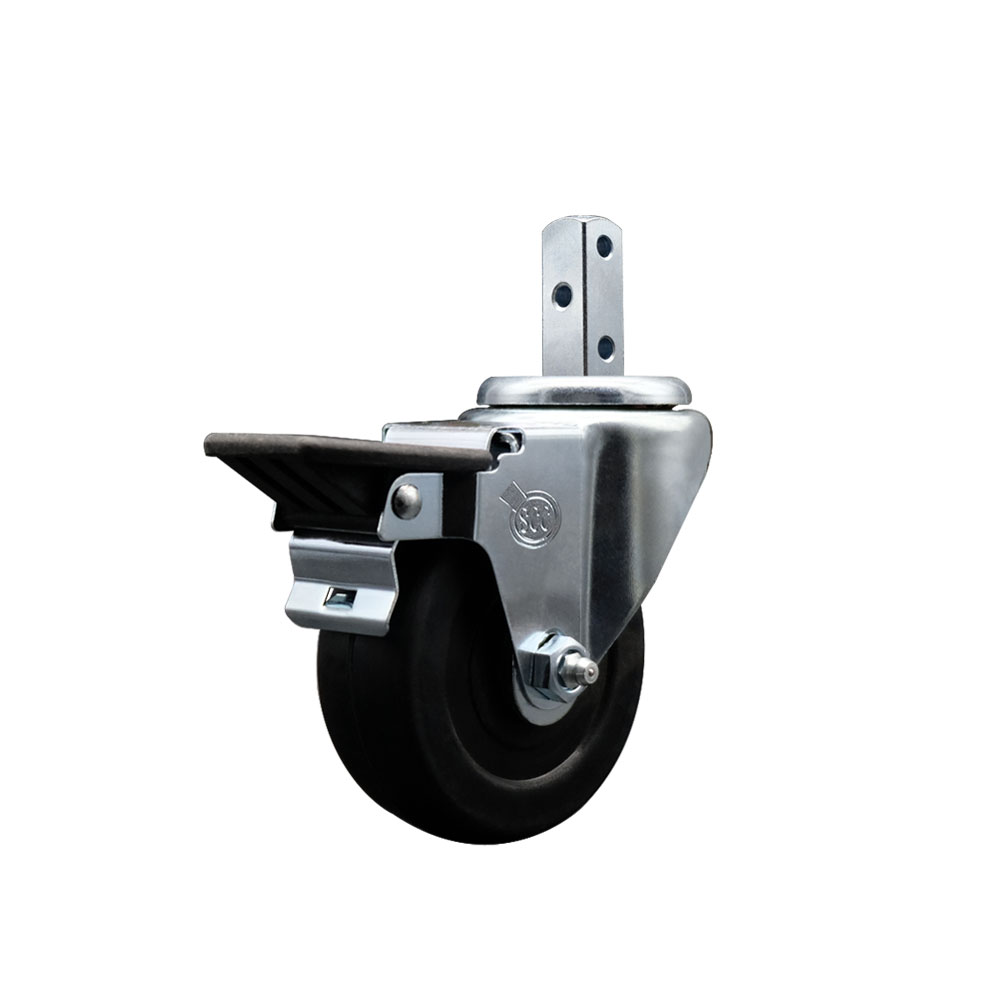 Swivel Square Stem Caster w/3.5” x 1.25” Black Soft Rubber Wheel – 3/4” x 2” Square Stem with (3) 17/64” Diameter Mounting Holes & Posi Lock Brakes – 200 lbs. Capacity/Caster – Service Caster Brand — photo 1