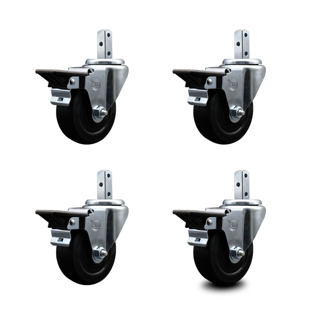 Swivel Square Stem Caster Set 4 w/3.5” x 1.25” Black Soft Rubber Wheel-7/8” x 2” Square Stem with (3) 17/64” Diameter Mounting Holes-Include 4 Posi Lock Brakes-800lbs. Cpty/Caster-Service Caster Brand — photo 1