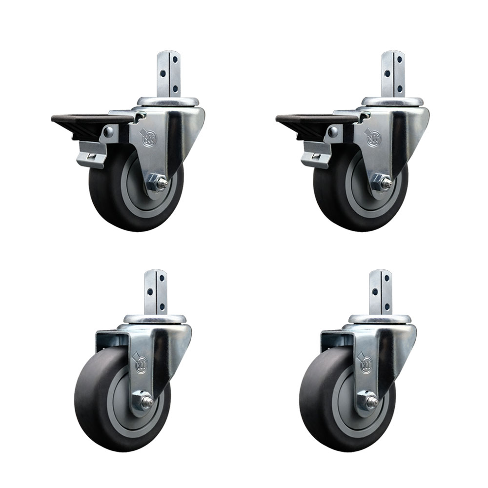 Swivel Square Stem Caster Set 4 w/3.5” x 1.25” Gray Thermoplastic Rubber Wheel - 7/8” x 2” Square Stem with (3) 17/64” Diameter Mounting Holes - Includes 2 Posi Lock Brakes - Service Caster Brand — photo 1