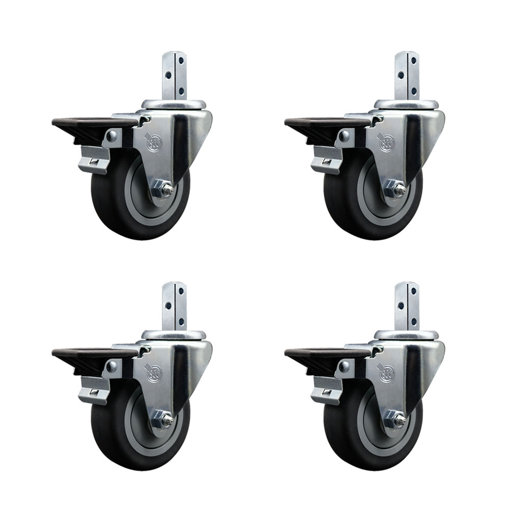 Swivel Square Stem Caster Set 4 w/3.5” x 1.25” Gray Thermoplastic Rubber Wheel - 7/8” x 2” Square Stem with (3) 17/64” Diameter Mounting Holes - Includes 4 Posi Lock Brakes - Service Caster Brand — photo 1