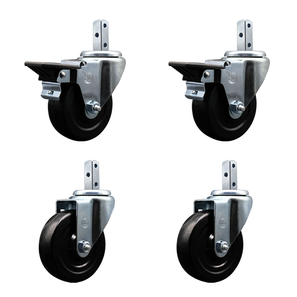 Swivel Square Stem Caster Set 4 w/4” x 1.25” Black Hard Rubber Wheel-3/4” x 2” Square Stem with (3) 17/64” Diameter Mounting Holes-Includes 2 Posi Lck Brakes-1200lbs. Cpty/Caster- Service Caster Brand — photo 1