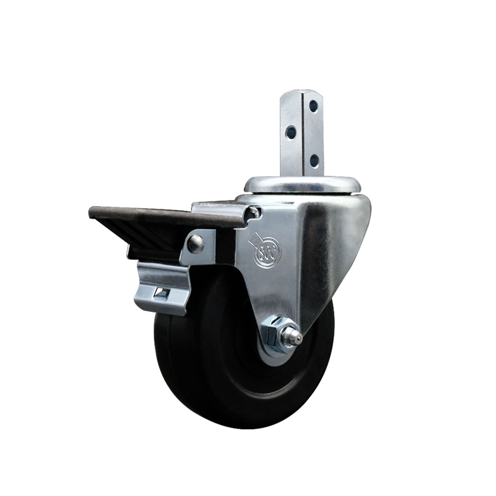 Swivel Square Stem Caster w/4” x 1.25” Black Hard Rubber Wheel – 3/4” x 2” Square Stem with (3) 17/64” Diameter Mounting Holes & Posi Lock Brakes – 300 lbs. Capacity/Caster – Service Caster Brand — photo 1