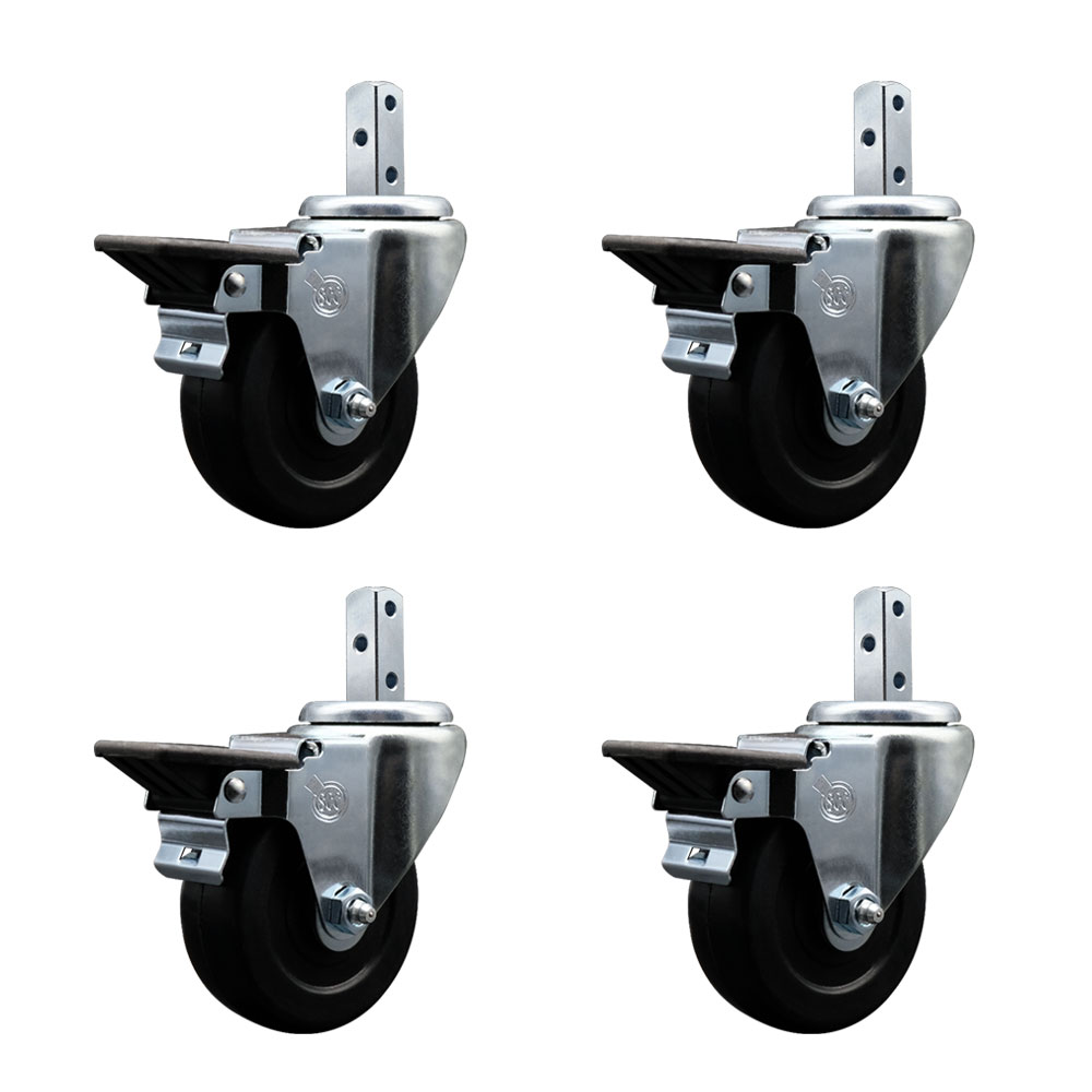 Swivel Square Stem Caster Set 4 w/4” x 1.25” Black Hard Rubber Wheel-7/8” x 2” Square Stem with (3) 17/64” Diameter Mounting Holes-Includes 4 Posi Lck Brakes-1200lbs. Cpty/Caster- Service Caster Brand — photo 1
