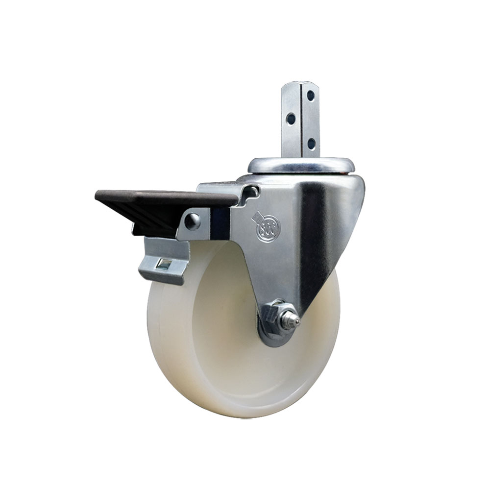 Swivel Square Stem Caster w/4” x 1.25” White Nylon Wheel – 3/4” x 2” Square Stem with (3) 17/64” Diameter Mounting Holes & Posi Lock Brakes – 300 lbs. Capacity/Caster – Service Caster Brand — photo 1