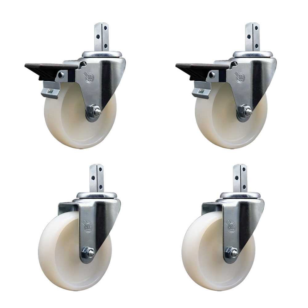 Swivel Square Stem Caster Set 4 w/4” x 1.25” White Nylon Wheel - 7/8” x 2” Square Stem with (3) 17/64” Diameter Mounting Holes- Includes 2 Posi Lock Brakes- 1200lbs. Cpty/Caster - Service Caster Brand — photo 1