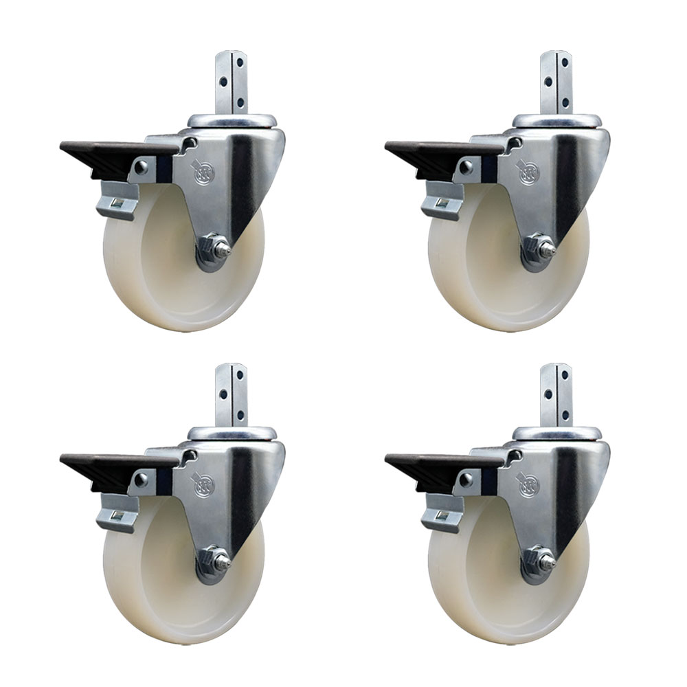 Swivel Square Stem Caster Set 4 w/4” x 1.25” White Nylon Wheel - 7/8” x 2” Square Stem with (3) 17/64” Diameter Mounting Holes- Includes 4 Posi Lock Brakes- 1200lbs. Cpty/Caster - Service Caster Brand — photo 1