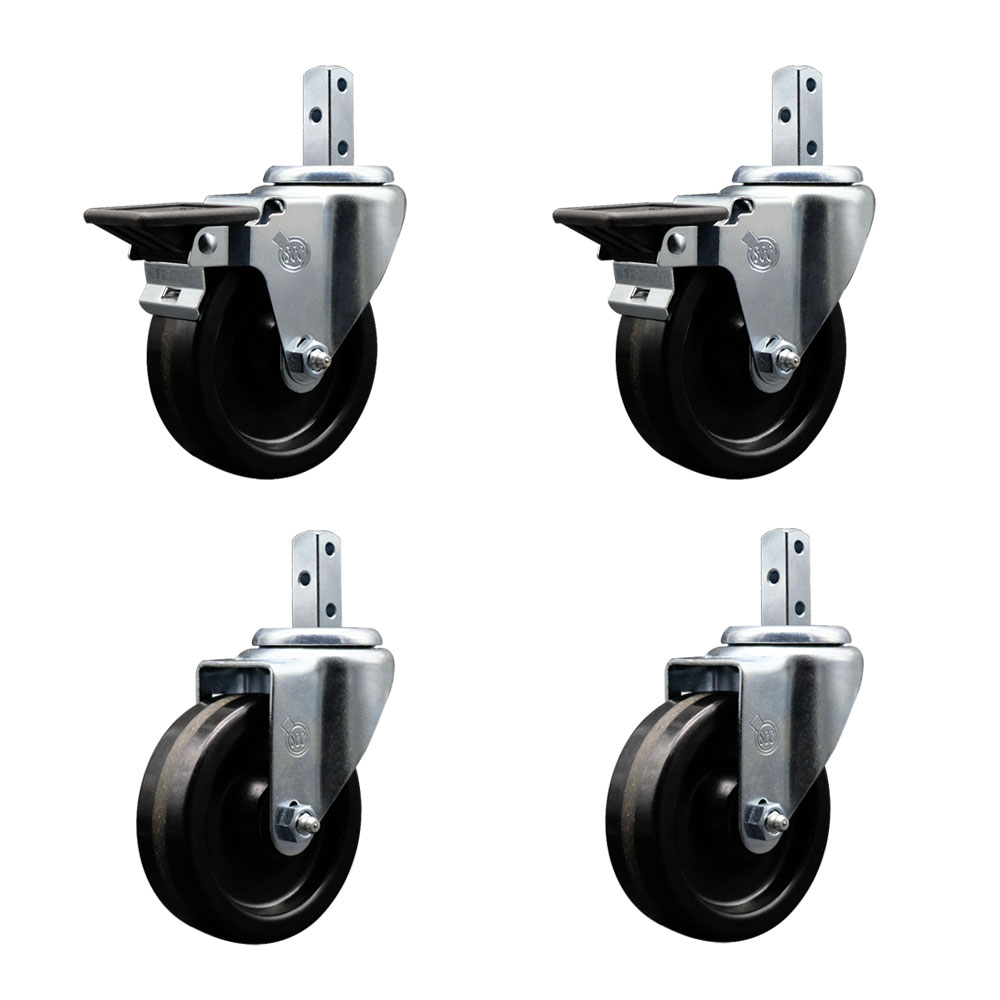 Swivel Square Stem Caster Set 4 w/4” x 1.25” Black Phenolic Wheel - 7/8” x 2” Square Stem with (3) 17/64” Diameter Mounting Holes-Includes 2 Posi Lock Brakes-1200lbs. Cpty/Caster- Service Caster Brand — photo 1