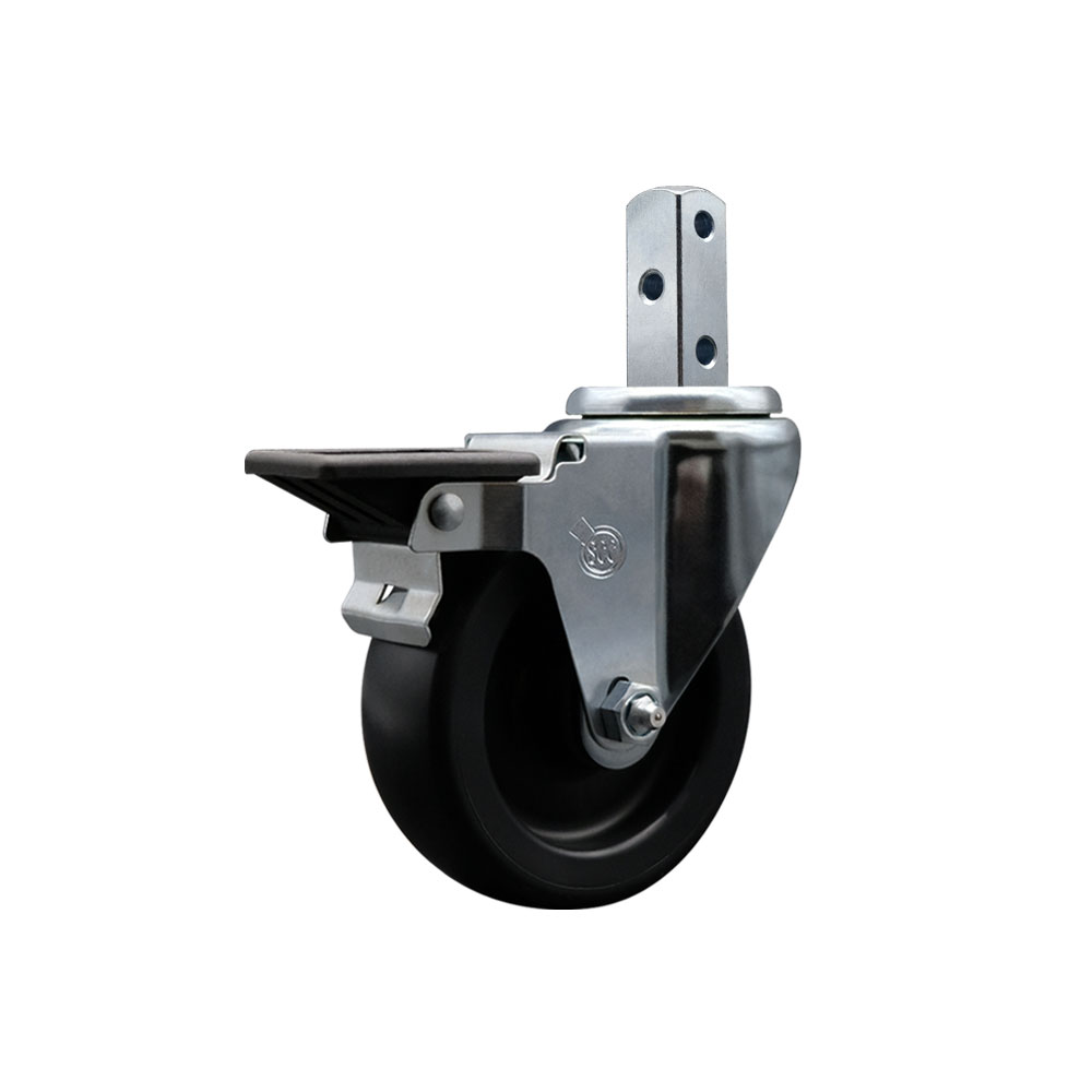 Polyolefin Swivel Square Stem Caster Wheel with 4 Inch Black Wheel – 3/4” x 2” Square Stem with (3) 17/64” Diameter Mounting Holes and Posi Lock Brake – 350 lbs. Capacity/Caster – Service Caster Brand — photo 1