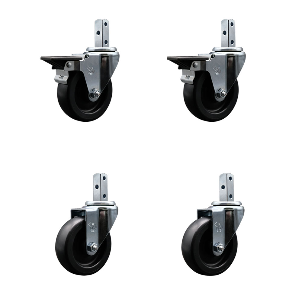 Polyolefin Swivel Square Stem Caster Wheels Set 4 with 4 Inch Wheels-7/8” x 2” Square Stem with (3) 17/64” Diameter Mounting Holes-Includes 2 Posi Lock Brakes-1400lbs. Cpty/Caster-Service Caster Brand — photo 1