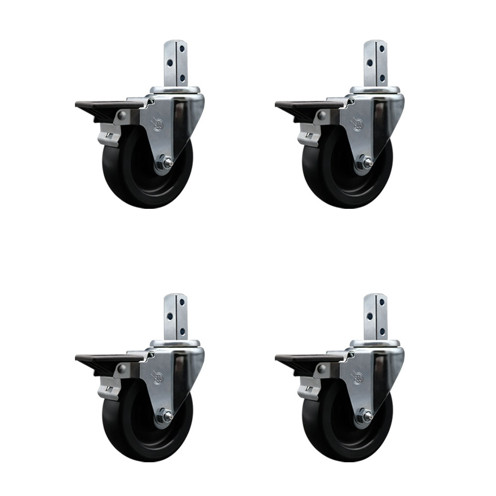 Polyolefin Swivel Square Stem Caster Wheels Set 4 with 4 Inch Wheels-7/8” x 2” Square Stem with (3) 17/64” Diameter Mounting Holes-Includes 4 Posi Lock Brakes-1400lbs. Cpty/Caster-Service Caster Brand — photo 1