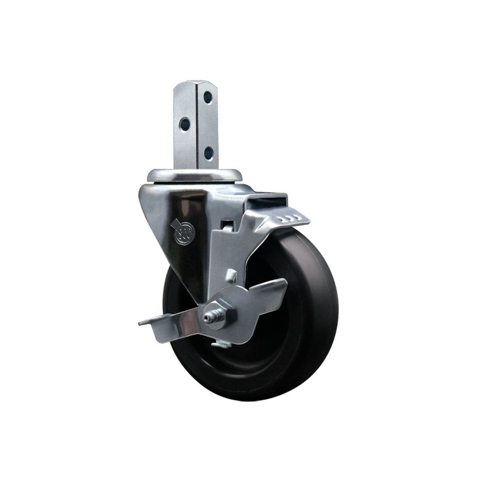 Polyolefin Swivel Square Stem Caster Wheel with 4 Inch Black Wheel – 3/4” x 2” Square Stem with (3) 17/64” Diameter Mounting Holes and Top Lock Brake – 350 lbs. Capacity/Caster – Service Caster Brand — photo 1