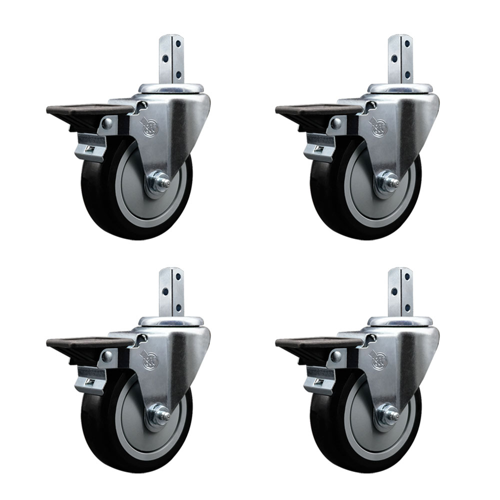 Swivel Square Stem Caster Set 4 w/4” x 1.25” Black Poly Wheel - 3/4” x 2” Square Stem with (3) 17/64” Diameter Mounting Holes- Includes 4 Posi Lock Brakes - 1400lbs. Cpty/Caster - Service Caster Brand — photo 1