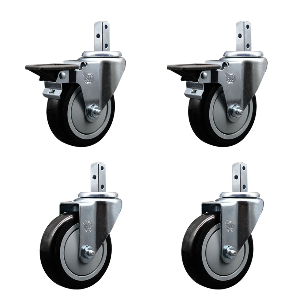 Swivel Square Stem Caster Set 4 w/4” x 1.25” Black Poly Wheel - 7/8” x 2” Square Stem with (3) 17/64” Diameter Mounting Holes - Includes 2 Posi Lock Brakes - 1400lbs. Cpty/Caster- Service Caster Brand — photo 1