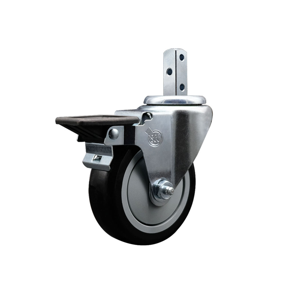 Swivel Square Stem Caster w/4” x 1.25” Black Polyurethane Wheel – 7/8” x 2” Square Stem with (3) 17/64” Diameter Mounting Holes & Posi Lock Brakes – 350 lbs. Capacity/Caster – Service Caster Brand — photo 1