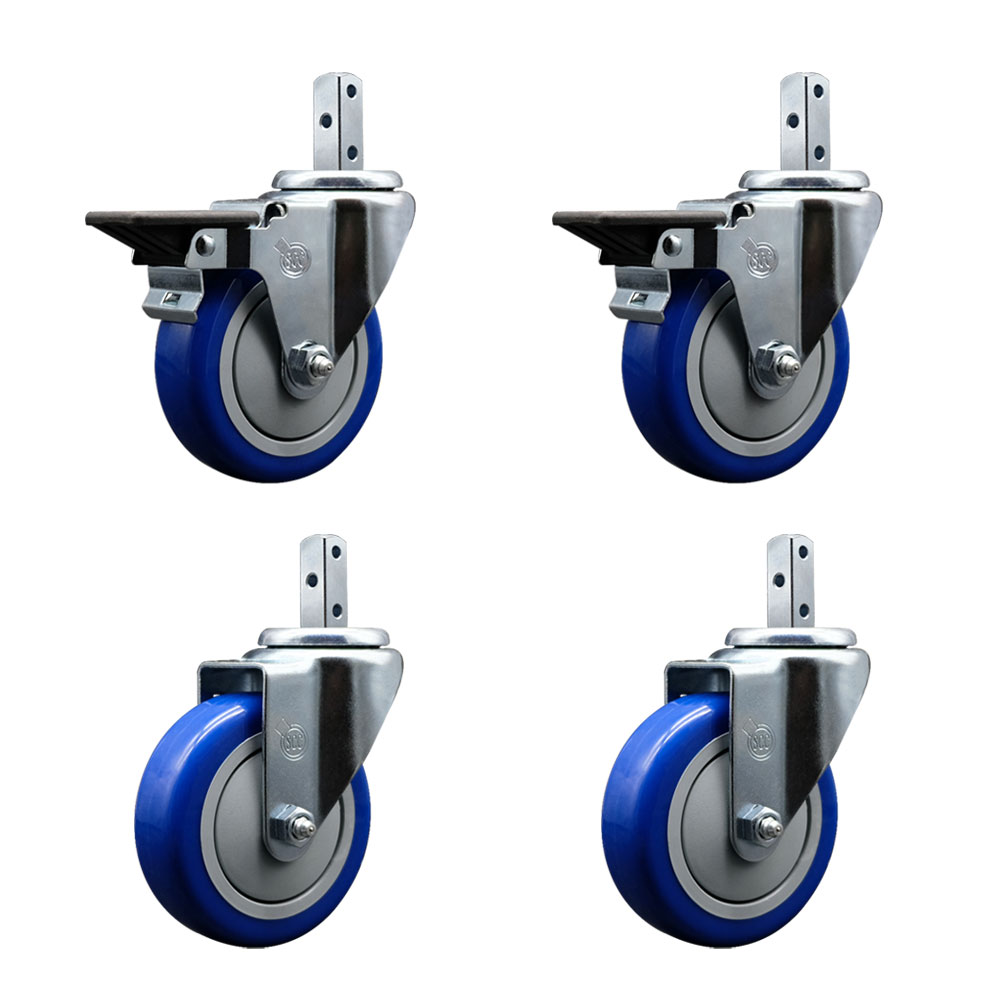 Swivel Square Stem Caster Set 4 w/4” x 1.25” Blue Poly Wheel - 3/4” x 2” Square Stem with (3) 17/64” Diameter Mounting Holes - Includes 2 Posi Lock Brakes - 1400lbs. Cpty/Caster - Service Caster Brand — photo 1
