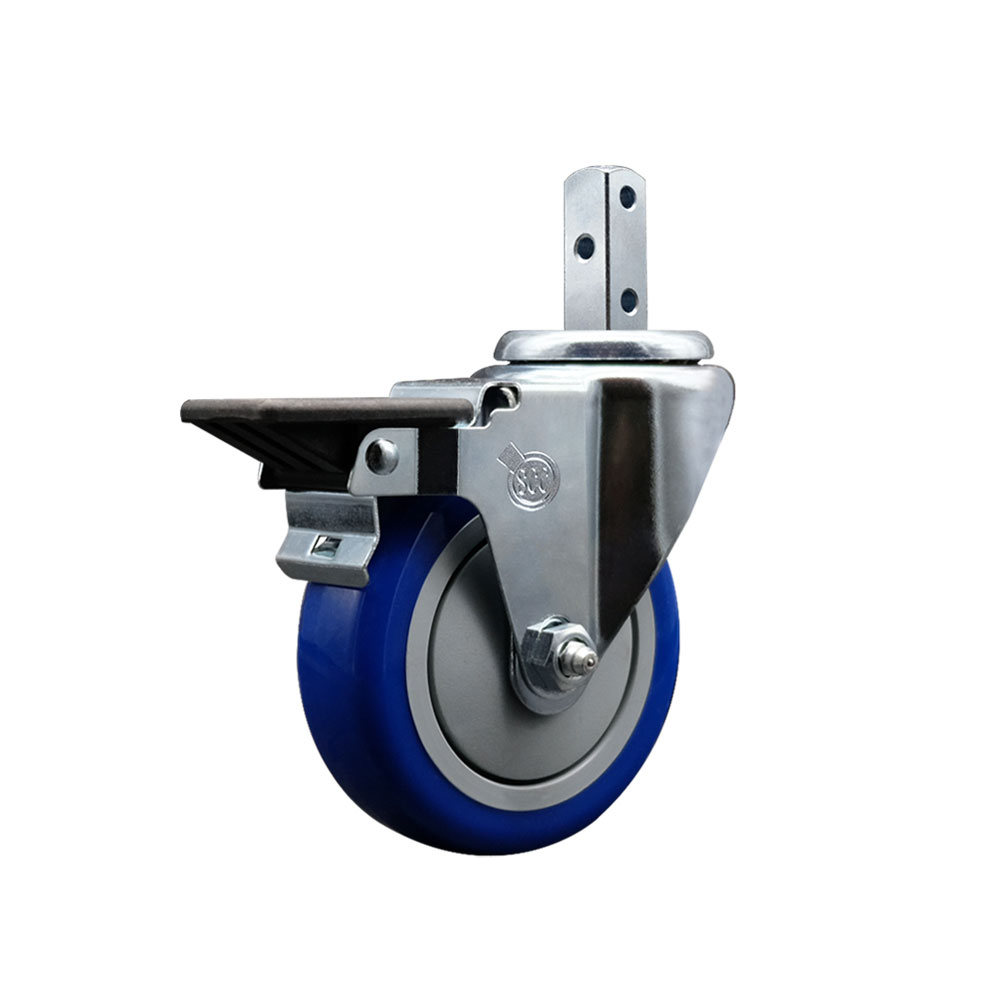 Swivel Square Stem Caster w/4” x 1.25” Blue Polyurethane Wheel – 3/4” x 2” Square Stem with (3) 17/64” Diameter Mounting Holes & Posi Lock Brakes – 350 lbs. Capacity/Caster – Service Caster Brand — photo 1