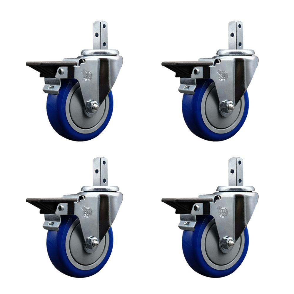 Swivel Square Stem Caster Set 4 w/4” x 1.25” Blue Poly Wheel - 7/8” x 2” Square Stem with (3) 17/64” Diameter Mounting Holes - Includes 4 Posi Lock Brakes - 1400lbs. Cpty/Caster - Service Caster Brand — photo 1