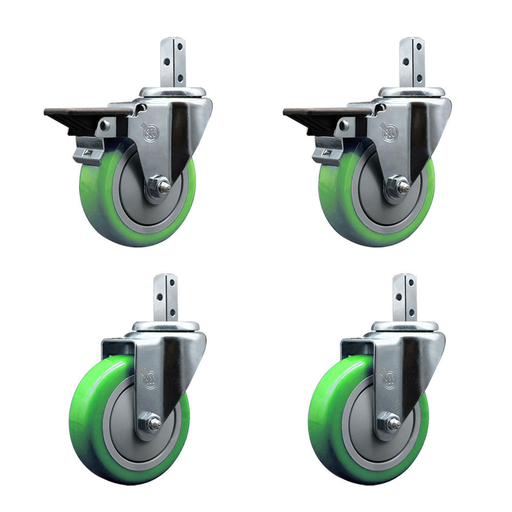 Swivel Square Stem Caster Set 4 w/4” x 1.25” Green Poly Wheel - 3/4” x 2” Square Stem with (3) 17/64” Diameter Mounting Holes - Includes 2 Posi Lock Brakes - 1400lbs. Cpty/Caster- Service Caster Brand — photo 1